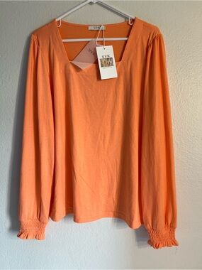 Coral-Peach Long Sleeve Smocked Cuff Top Size L NWT